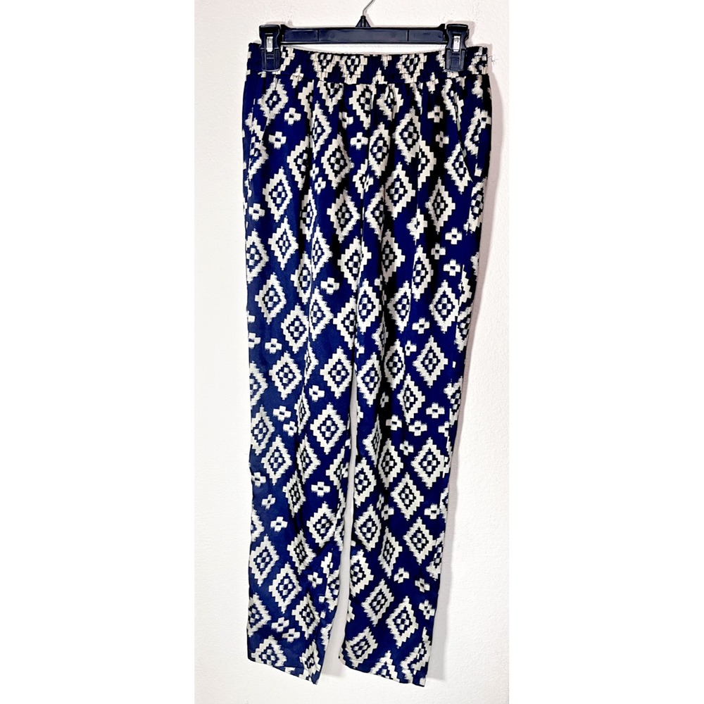 Forever 21 Navy Blue White Geometric Ikat Diamond High Rise Pants Small